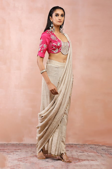 Buy_Payal Singhal_Silver Satin Embroidered Resham U Neck Crinkled Pre-draped Saree And Blouse Set_Online_at_Aza_Fashions