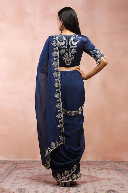 Payal Singhal_Blue Organza, Satin Embroidery V-neck Resham Pre-draped Saree And Blouse Set _Online_at_Aza_Fashions