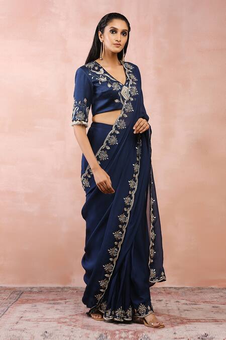 Buy_Payal Singhal_Blue Organza, Satin Embroidery V-neck Resham Pre-draped Saree And Blouse Set _Online_at_Aza_Fashions