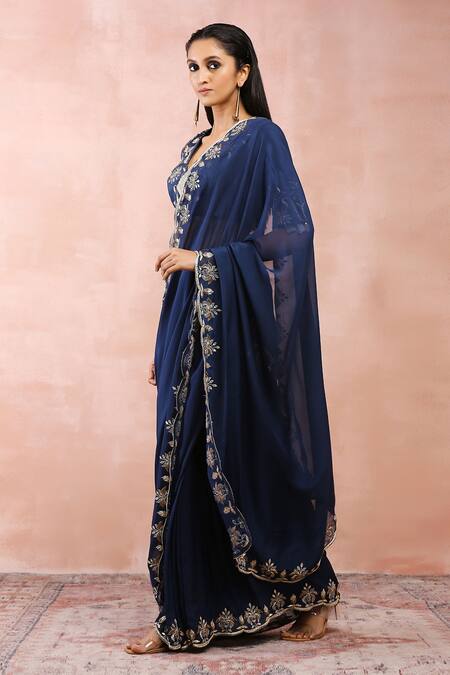 Shop_Payal Singhal_Blue Organza, Satin Embroidery V-neck Resham Pre-draped Saree And Blouse Set _Online_at_Aza_Fashions