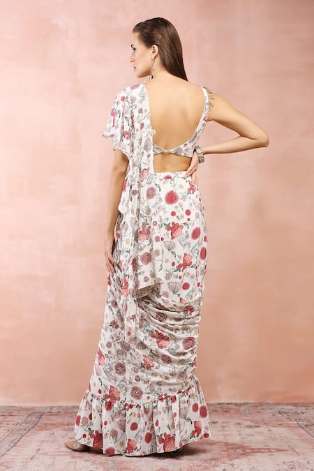 Payal Singhal_Off White Crepe Printed And Embroidered Gulbagh Ruffle Saree & Blouse Set _Online_at_Aza_Fashions