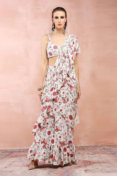 Buy_Payal Singhal_Off White Crepe Printed And Embroidered Gulbagh Ruffle Saree & Blouse Set _Online_at_Aza_Fashions