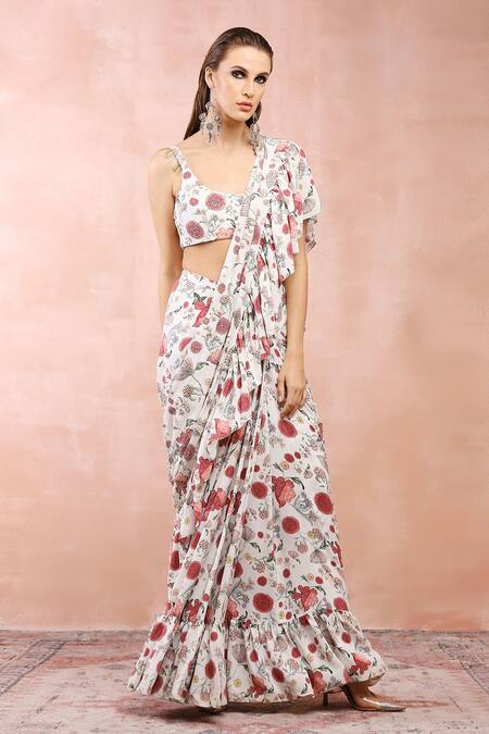 Shop_Payal Singhal_Off White Crepe Printed And Embroidered Gulbagh Ruffle Saree & Blouse Set _Online_at_Aza_Fashions