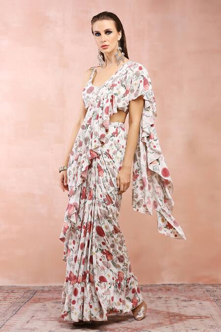 Payal Singhal_Off White Crepe Printed And Embroidered Gulbagh Ruffle Saree & Blouse Set _at_Aza_Fashions