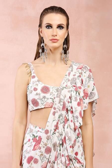 Buy_Payal Singhal_Off White Crepe Printed And Embroidered Gulbagh Ruffle Saree & Blouse Set 