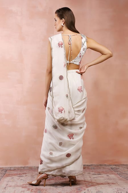 Payal Singhal_Off White Velvet Printed And Embroidered Applique Pre-draped Saree & Blouse Set _Online_at_Aza_Fashions