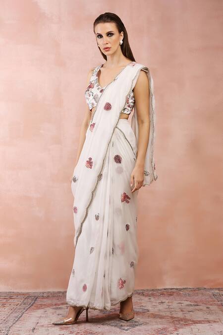 Shop_Payal Singhal_Off White Velvet Printed And Embroidered Applique Pre-draped Saree & Blouse Set _Online_at_Aza_Fashions