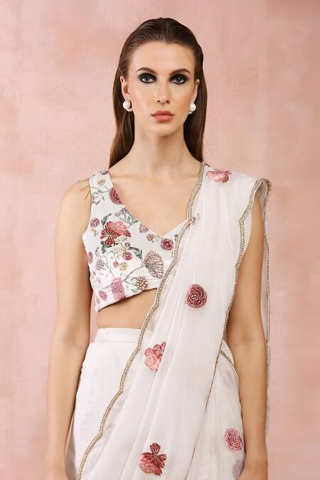 Payal Singhal_Off White Velvet Printed And Embroidered Applique Pre-draped Saree & Blouse Set _at_Aza_Fashions