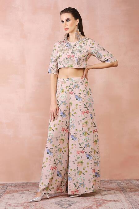 Buy Payal Singhal Pink Crepe Printed And Embroidered Nargis Round Neck Top & Palazzo Set Online at Aza Fashions Buy_Payal Singhal_Pink Crepe Printed And Embroidered Nargis Round Neck Top & Palazzo Set _Online_at_Aza_Fashions