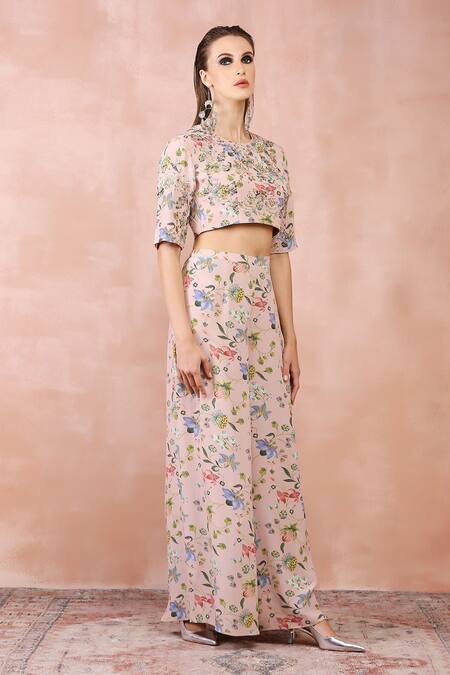 Shop Payal Singhal Pink Crepe Printed And Embroidered Nargis Round Neck Top & Palazzo Set Online at Aza Fashions Shop_Payal Singhal_Pink Crepe Printed And Embroidered Nargis Round Neck Top & Palazzo Set _Online_at_Aza_Fashions