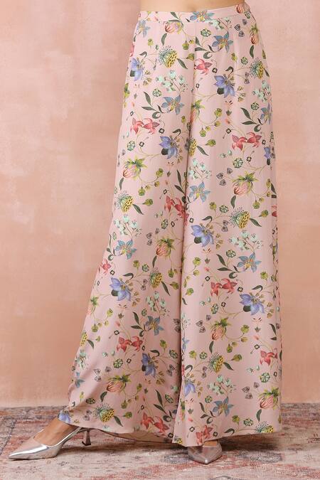 Payal Singhal Pink Crepe Printed And Embroidered Nargis Round Neck Top & Palazzo Set at Aza Fashions Payal Singhal_Pink Crepe Printed And Embroidered Nargis Round Neck Top & Palazzo Set _at_Aza_Fashions