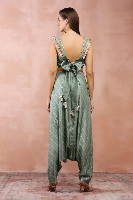 Payal Singhal_Green Satin, Denim Embroidery, Tassels Sweetheart Blouse And Low Crotch Pant Set _Online_at_Aza_Fashions