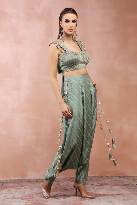 Buy_Payal Singhal_Green Satin, Denim Embroidery, Tassels Sweetheart Blouse And Low Crotch Pant Set _Online_at_Aza_Fashions