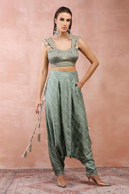Shop_Payal Singhal_Green Satin, Denim Embroidery, Tassels Sweetheart Blouse And Low Crotch Pant Set _Online_at_Aza_Fashions