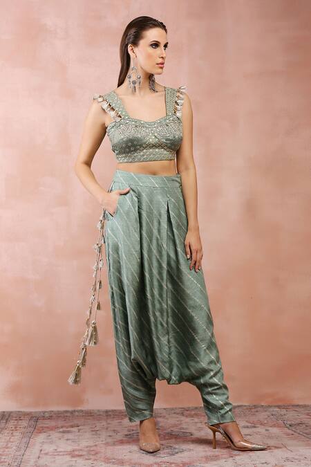 Payal Singhal_Green Satin, Denim Embroidery, Tassels Sweetheart Blouse And Low Crotch Pant Set _at_Aza_Fashions