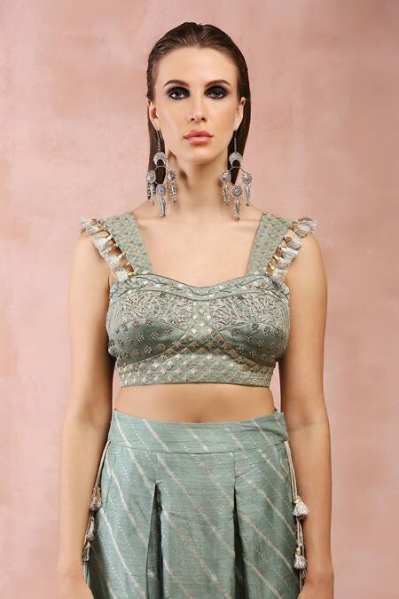 Buy_Payal Singhal_Green Satin, Denim Embroidery, Tassels Sweetheart Blouse And Low Crotch Pant Set 