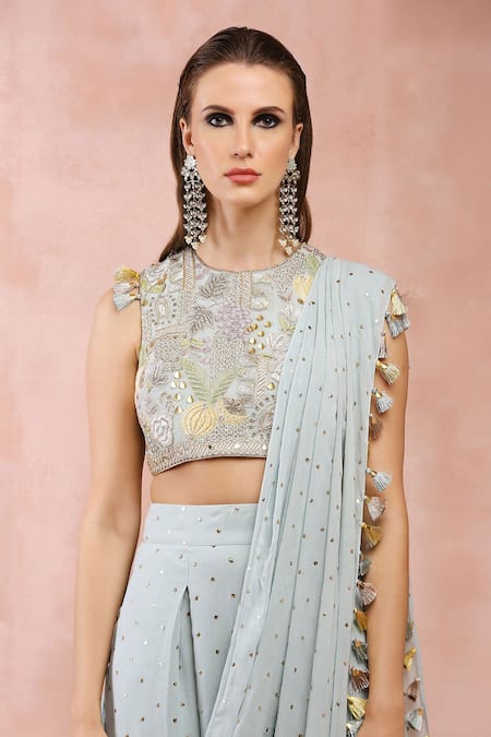 Payal Singhal_Blue Georgette Embroidered Zari Round Neck Mukaish Pant Saree And Blouse Set _at_Aza_Fashions
