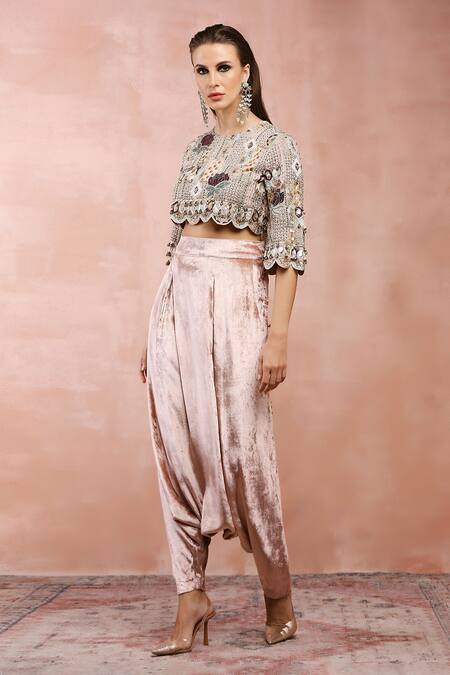 Buy_Payal Singhal_Pink Georgette Embroidered Zari Round Neck Low Crotch Pant And Blouse Set _Online_at_Aza_Fashions