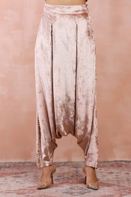 Payal Singhal_Pink Georgette Embroidered Zari Round Neck Low Crotch Pant And Blouse Set _at_Aza_Fashions