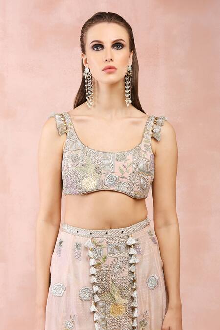 Payal Singhal_Pink Georgette Embroidered Zari U Neck Top And Layered Skirt Set _at_Aza_Fashions