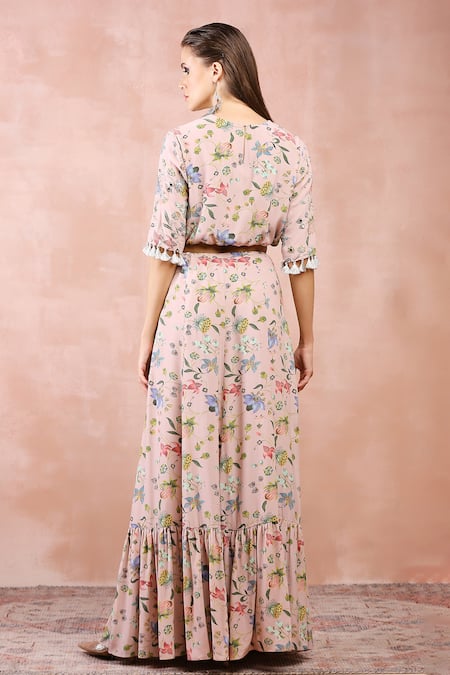 Shop Payal Singhal Pink Crepe Printed And Embroidered Nargis Round Neck Top & Tiered Skirt Set at Aza Fashions Shop_Payal Singhal_Pink Crepe Printed And Embroidered Nargis Round Neck Top & Tiered Skirt Set_at_Aza_Fashions