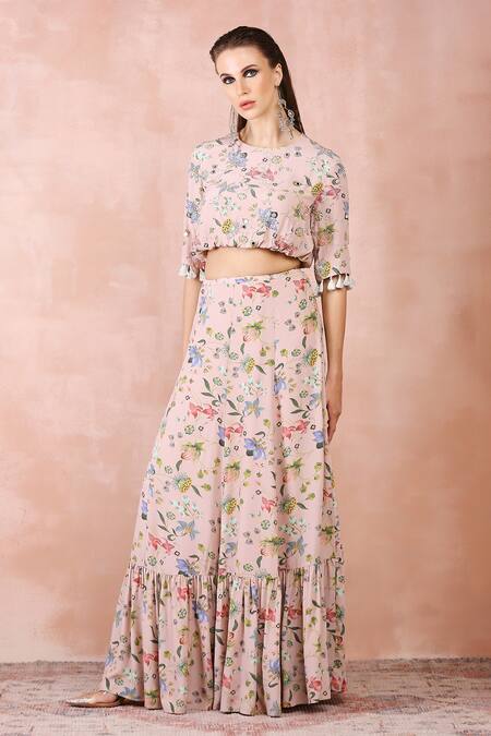 Payal Singhal Pink Crepe Printed And Embroidered Nargis Round Neck Top & Tiered Skirt Set Online at Aza Fashions Payal Singhal_Pink Crepe Printed And Embroidered Nargis Round Neck Top & Tiered Skirt Set_Online_at_Aza_Fashions