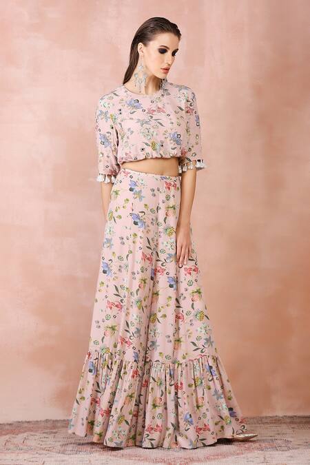 Buy Payal Singhal Pink Crepe Printed And Embroidered Nargis Round Neck Top & Tiered Skirt Set Online at Aza Fashions Buy_Payal Singhal_Pink Crepe Printed And Embroidered Nargis Round Neck Top & Tiered Skirt Set_Online_at_Aza_Fashions