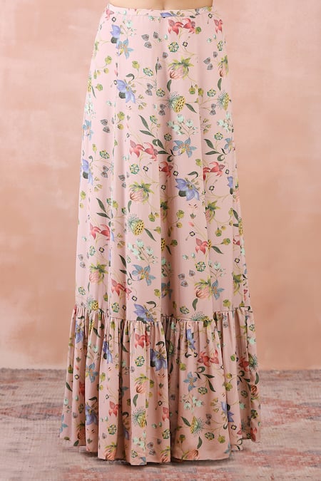 Shop Payal Singhal Pink Crepe Printed And Embroidered Nargis Round Neck Top & Tiered Skirt Set Online at Aza Fashions Shop_Payal Singhal_Pink Crepe Printed And Embroidered Nargis Round Neck Top & Tiered Skirt Set_Online_at_Aza_Fashions