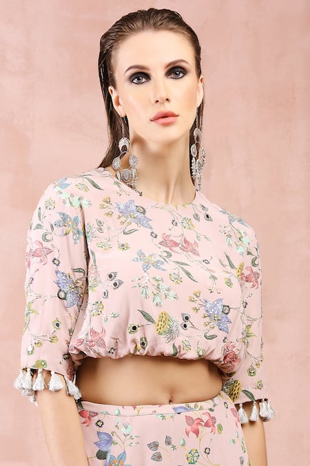 Payal Singhal Pink Crepe Printed And Embroidered Nargis Round Neck Top & Tiered Skirt Set at Aza Fashions Payal Singhal_Pink Crepe Printed And Embroidered Nargis Round Neck Top & Tiered Skirt Set_at_Aza_Fashions