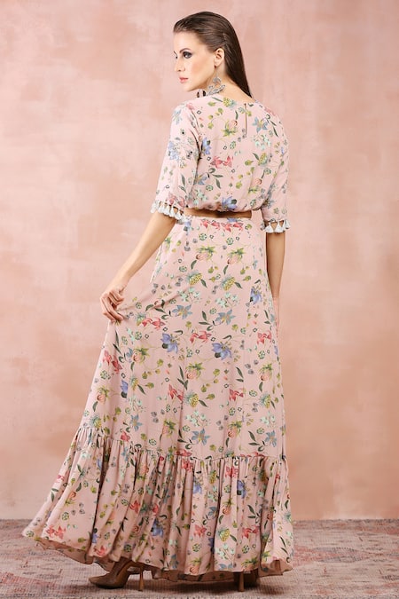 Buy Payal Singhal Pink Crepe Printed And Embroidered Nargis Round Neck Top & Tiered Skirt Set Buy_Payal Singhal_Pink Crepe Printed And Embroidered Nargis Round Neck Top & Tiered Skirt Set