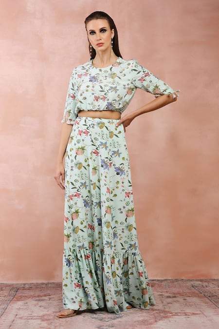 Payal Singhal Green Crepe Printed And Embroidered Balloon Top & Tiered Skirt Set 