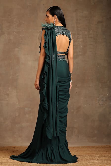 Shop_Minaki_Green Georgette, Crepe Cut Work Cutdana Embellished Pre Draped Ruffle Saree _at_Aza_Fashions