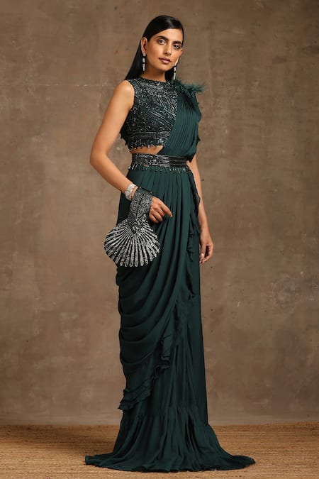 Minaki_Green Georgette, Crepe Cut Work Cutdana Embellished Pre Draped Ruffle Saree _Online_at_Aza_Fashions