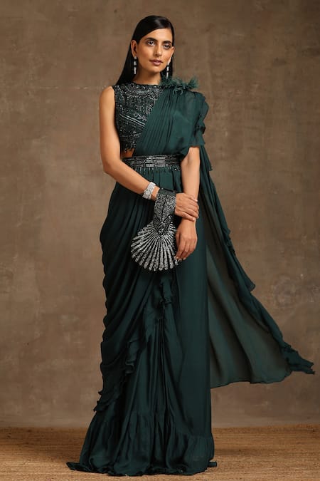 Buy_Minaki_Green Georgette, Crepe Cut Work Cutdana Embellished Pre Draped Ruffle Saree _Online_at_Aza_Fashions
