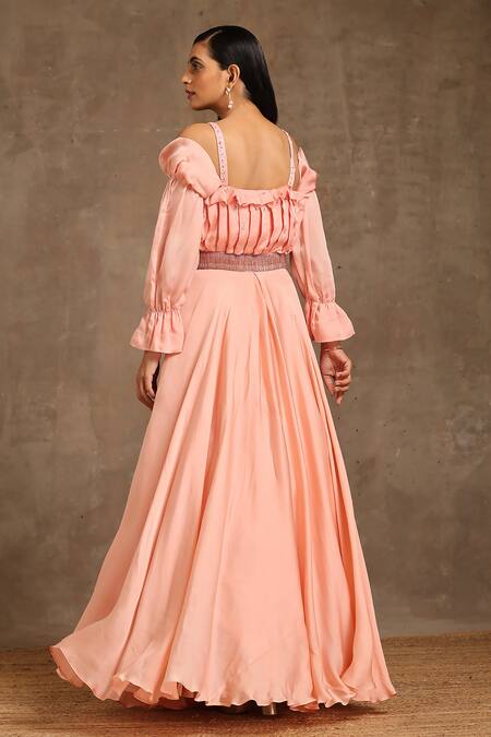 Shop_Minaki_Peach Satin Sequins, Crystals Square Neck Floral Pleated Bodice Gown _at_Aza_Fashions