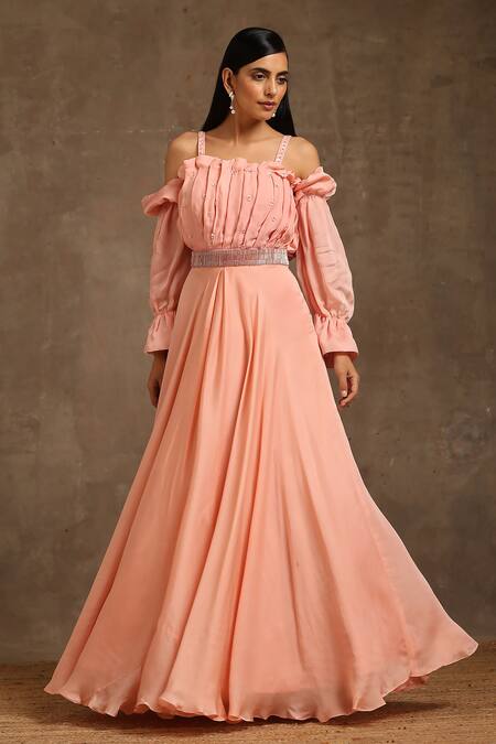Minaki_Peach Satin Sequins, Crystals Square Neck Floral Pleated Bodice Gown _Online_at_Aza_Fashions