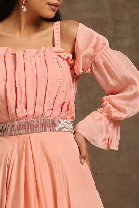 Buy_Minaki_Peach Satin Sequins, Crystals Square Neck Floral Pleated Bodice Gown _Online_at_Aza_Fashions