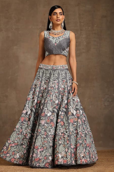 Minaki_Grey Chanderi, Organza, Georgette Floral Embroidered Panelled Lehenga Set _Online_at_Aza_Fashions