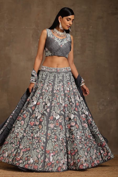 Buy_Minaki_Grey Chanderi, Organza, Georgette Floral Embroidered Panelled Lehenga Set _Online_at_Aza_Fashions