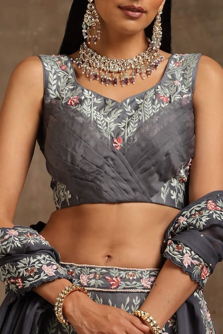 Shop_Minaki_Grey Chanderi, Organza, Georgette Floral Embroidered Panelled Lehenga Set _Online_at_Aza_Fashions