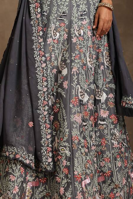 Minaki_Grey Chanderi, Organza, Georgette Floral Embroidered Panelled Lehenga Set _at_Aza_Fashions