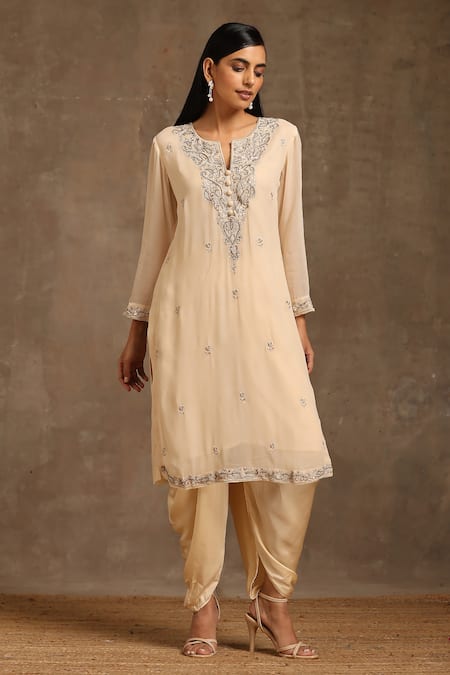 Minaki_Ivory Organza, Georgette, Satin Embellished Floral Kurta Dhoti Pant Set _Online_at_Aza_Fashions