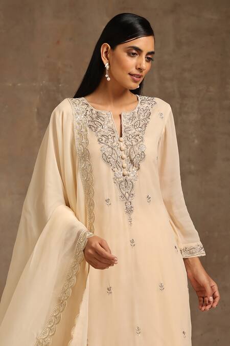 Shop_Minaki_Ivory Organza, Georgette, Satin Embellished Floral Kurta Dhoti Pant Set _Online_at_Aza_Fashions