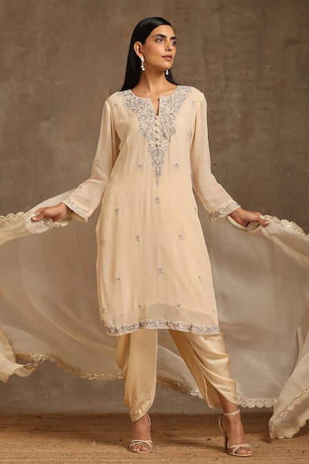 Minaki_Ivory Organza, Georgette, Satin Embellished Floral Kurta Dhoti Pant Set _at_Aza_Fashions