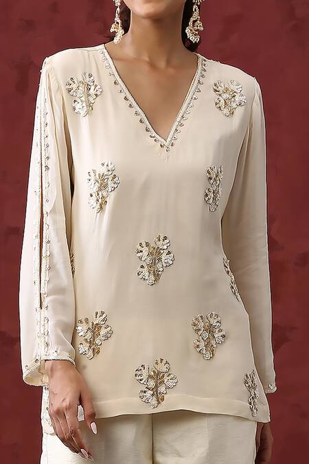 Buy Minaki Ivory Silk, Georgette Sequins, Crystals Embellished Slit Sleeve Kurta With Pant Online at Aza Fashions Buy_Minaki_Ivory Silk, Georgette Sequins, Crystals Embellished Slit Sleeve Kurta With Pant _Online_at_Aza_Fashions