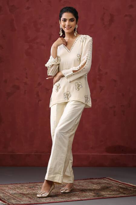 Shop_Minaki_Ivory Silk, Georgette Sequins, Crystals Embellished Slit Sleeve Kurta With Pant _Online_at_Aza_Fashions