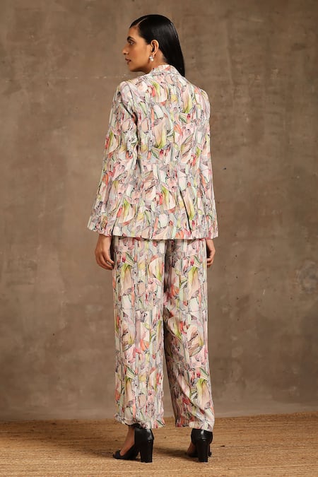Shop_Minaki_Green Linen Collared Abstract Print Coat And Pant Set _at_Aza_Fashions