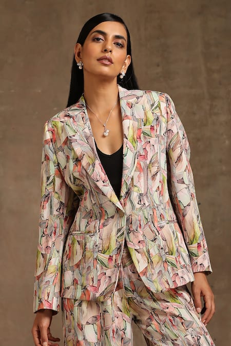 Buy_Minaki_Green Linen Collared Abstract Print Coat And Pant Set _Online_at_Aza_Fashions