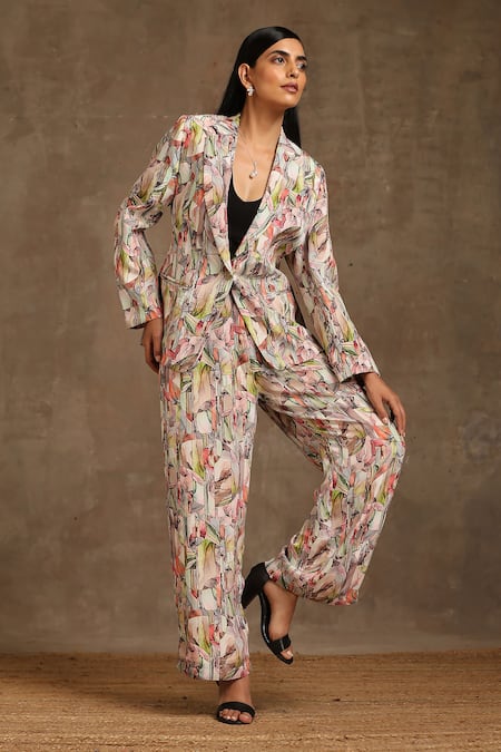 Shop_Minaki_Green Linen Collared Abstract Print Coat And Pant Set _Online_at_Aza_Fashions