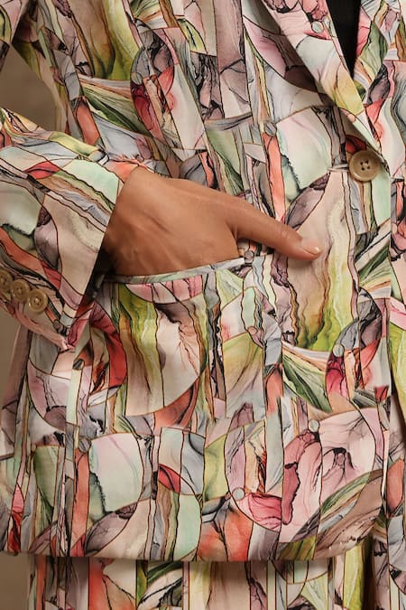 Minaki_Green Linen Collared Abstract Print Coat And Pant Set _at_Aza_Fashions